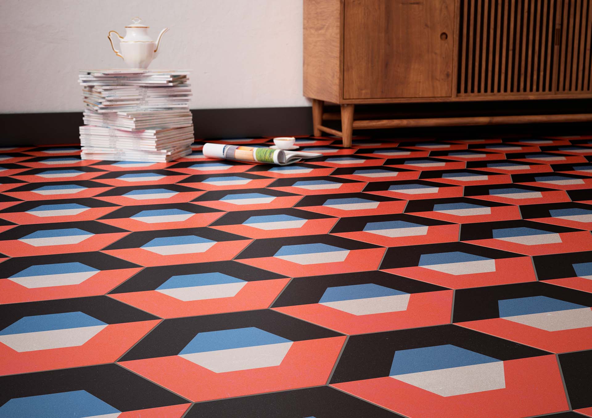 suelo de hexágonos rojos