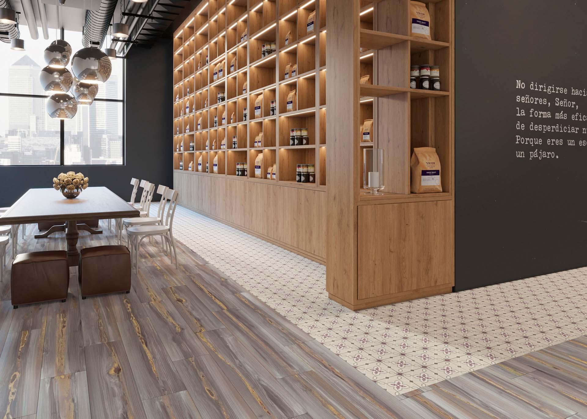 suelo hidráulico en tonos crema combinado con madera